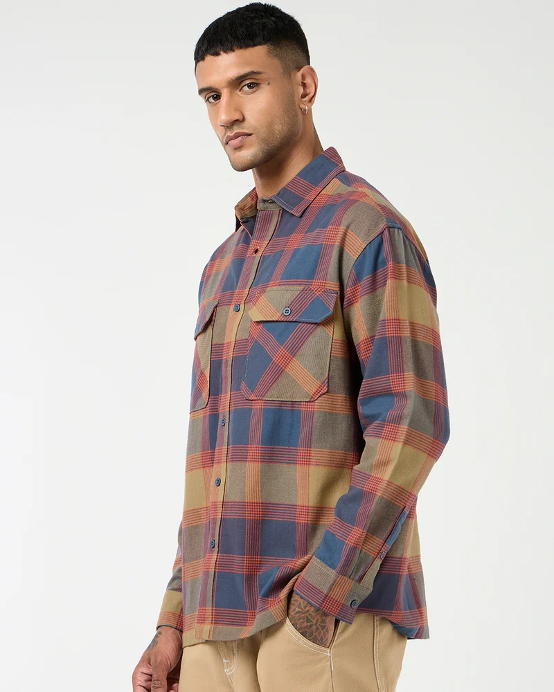 بيواكوف Men's Rust Orange & Blue Checked Oversized Shirt
